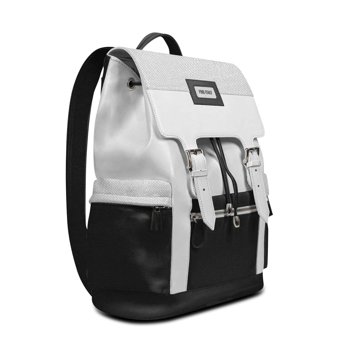 Angled view of WHITE APENN LUX limited edition leather rucksack