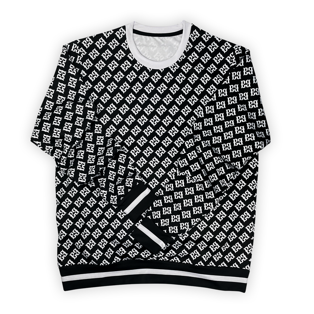 Black and white handmade fashion sweatshirt with Breaker logo motif.